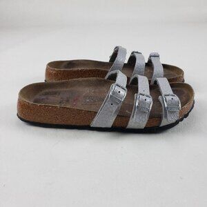 Birkis Birkenstock Metallic Sandals Silver Womens 4-4.5 35 Leather Strappy Slide
